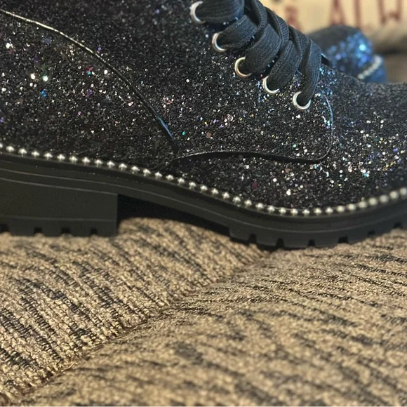 Black Glitter Combat Boots - Picture 4 of 8